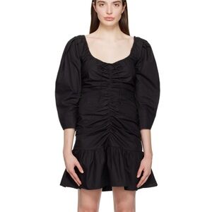 Ganni Black Midi Dress with Puffed Sleeves and Ruched Bodice